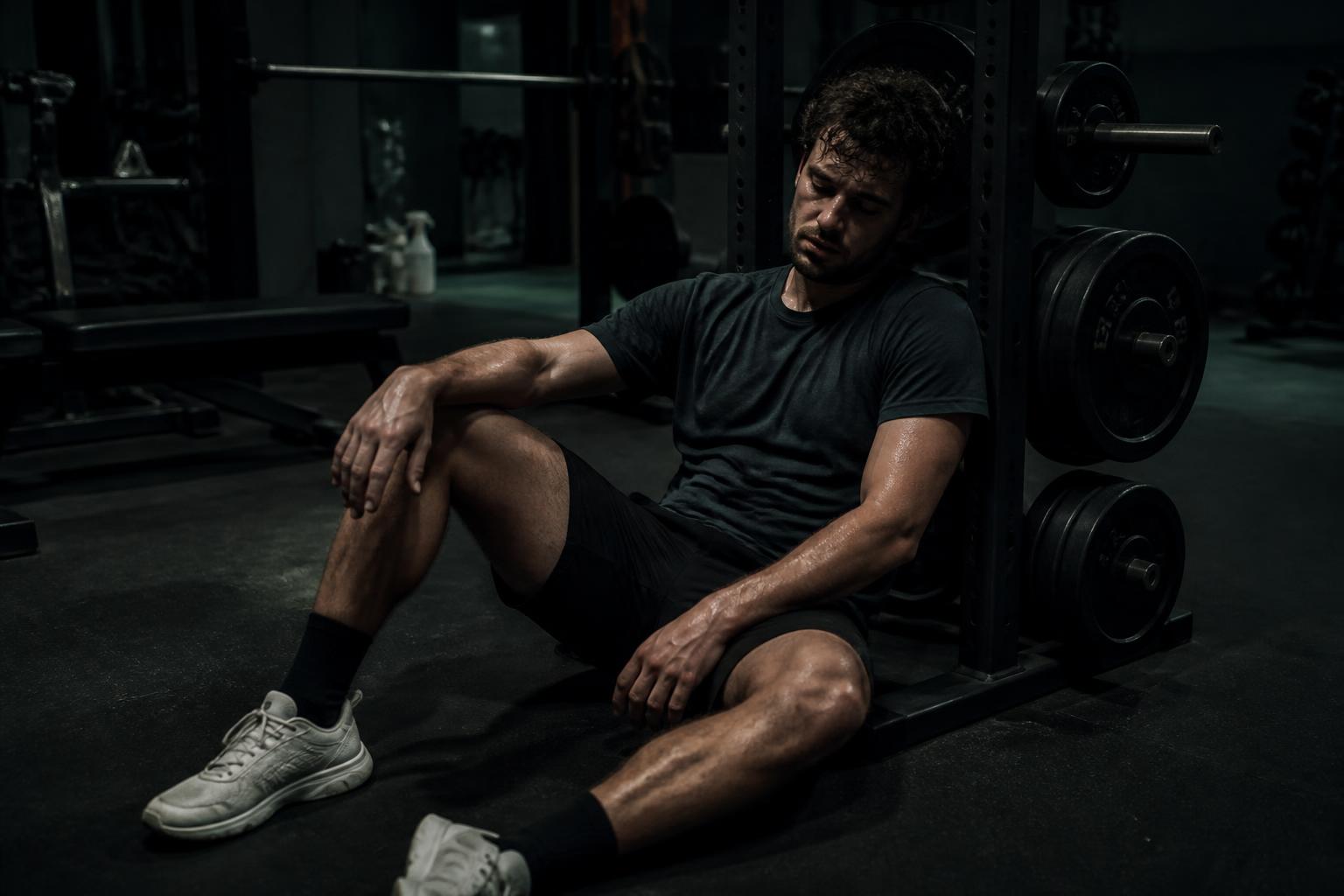 Tired man drained and unable to get up after a pre-workout stimulant crash